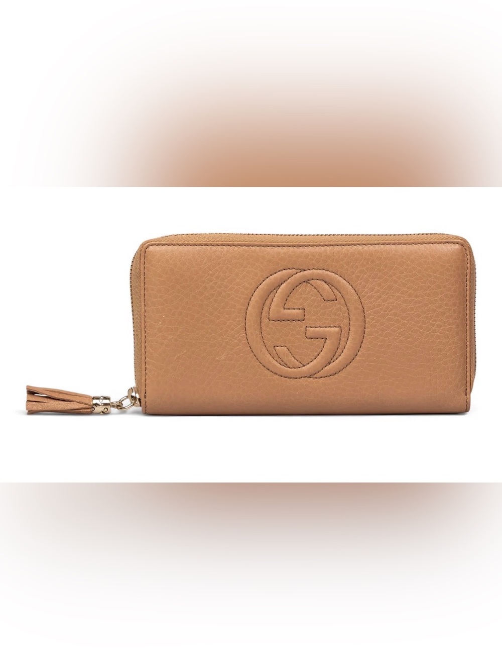GUCCI Pebbled Calfskin Soho Zip Around Wallet Camelia Tan